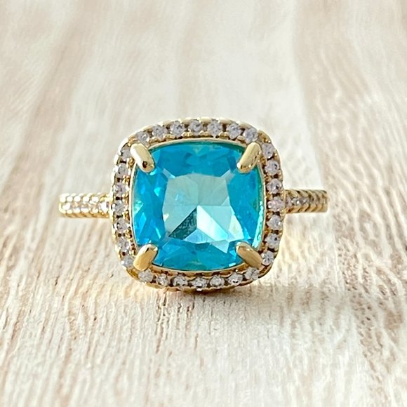 Cushion Cut Blue Topaz Halo Ring - Gold Plating over 925 Sterling Silver - Picture 1 of 5